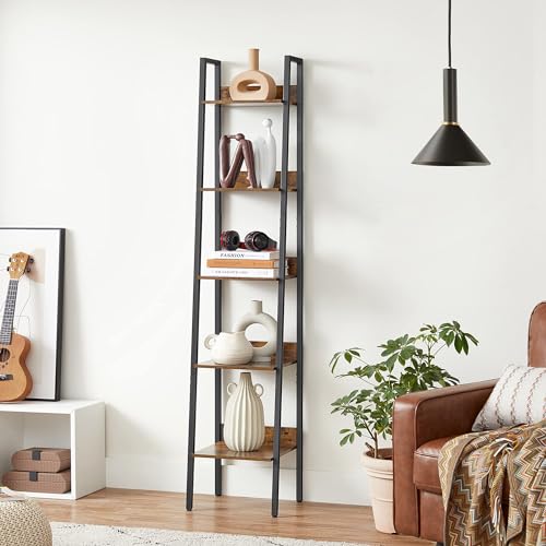 VASAGLE Bookshelf, 5-Tier Narrow Bookcase, Ladder Shelf | For Home Office, Living Room, Bedroom, Kitchen, Rustic Brown and Matte Black, BARNET Collection ULLS109B01 - color: Rustic Brown + Ink Black, size: 5 Tiers (13.3"W), style: With back panels