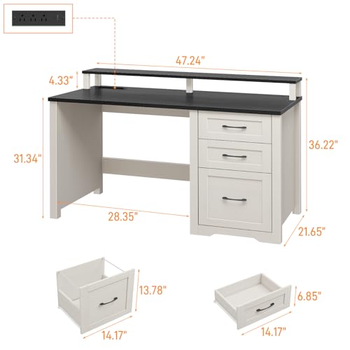 Vabches 47" Farmhouse Executive Desk with 3 Drawers and LED Lights, Black - color: Black, size: 3 Drawers & Monitor Stand