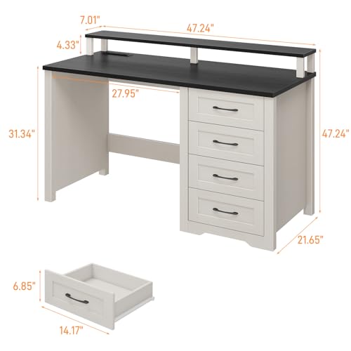 Vabches 47" Farmhouse Executive Desk with 4 Drawers and LED Lights, Black - color: Black, size: 4 Drawers & Monitor Stand