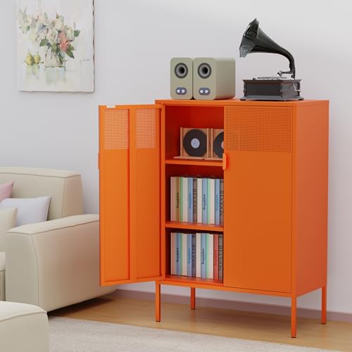 Ustamio Orange 3 Tier Metal Storage Cabinet with Legs, 2 Door Metal Locker Style Accent Storage Cabinet with 2 Adjustable Shelves for Home, Office, Entryway and Hallway - color: Orange, size: 47.2"H-Metal Doors
