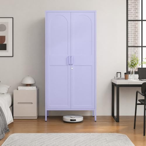 Metal Wardrobe with Lock, 67"Clothing Steel Storage Cabinet Locker, Hanging Rod And Adjustable Shelves, Puple 2 Doors Household kids wardrobe closet Lockers for Bedroom Cloak Room Home Office Gym - color: Purple, style: 67"H-Wardrobe-DY