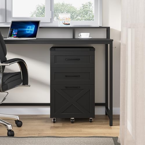 Halitaa Farmhouse 3 Drawer Small File Cabinet with Wheels, Black | Vertical Filing Cabinet Fits A4 or Letter Size, Wooden Printer Stand, Under Desk Rolling File Cabinet for Home Office - color: Rustic Black
