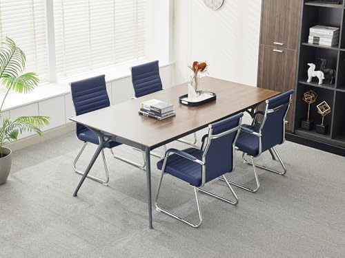 Okeysen Office Guest Chairs Set of 4, Modern Leather Reception Chairs with Mid Back & Sled Base, No-Wheel Desk Chairs for Waiting Room & Conference Room - color: Blue Leather/Silver Frame, size: Set of 4