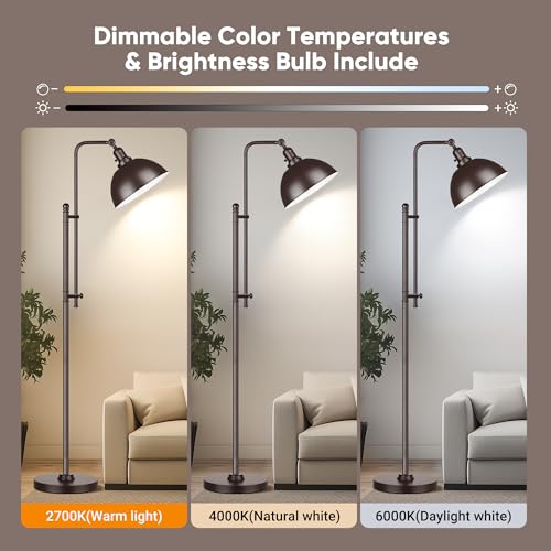 PARTPHONER Industrial Floor Lamp Adjustable, Rustic Farmhouse Reading Lamp in Aged Brown Finish Modern Standing Lamp with Remote Control Metal Shade for Living Room Bedroom Study Room Office Hotel - color: Brown