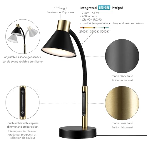 Globe Electric 62000034 15" LED Integrated Desk Lamp, Matte Black, Brass Accent, Adjustable Gooseneck, Dimmable, 3 Color Temperature, 7.5W, 90 CRI, 400 Lumens, Reading Light, Dorm Room Essentials - color: Matte Black, Albert