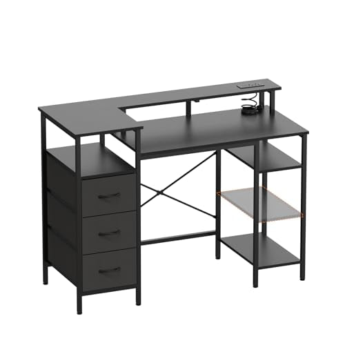 VINGLI 47" L-Shaped Gaming Desk, Fabric Drawers, Storage Shelves - color: Black, size: 47 Inch