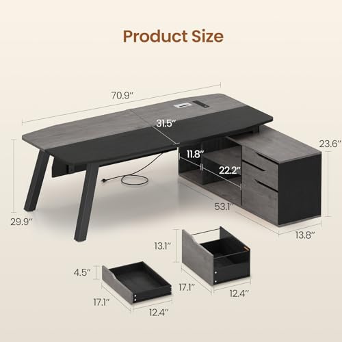 SEDETA 71" L Shaped Executive Desk with File Cabinet & Power Outlet - color: Grey