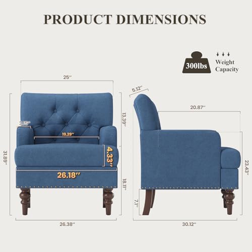 MALOL Modern Accent Chairs Set of 2 for Living Room, Comfy Bedroom Reading Armchair, Upholstered Single Sofa Chair with Thick Cushion &Wood Legs for Small Spaces, Blue - color: Blue, size: Set of 2