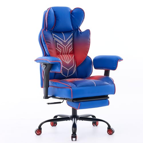 Big and Tall Gaming Office Chair 400lbs - Heavy Duty Ergonomic Computer Desk Chair with Footrest, Adjustable Armrests, High Back PU Leather with Racing Style (Blue/Red) - color: Blue/Red