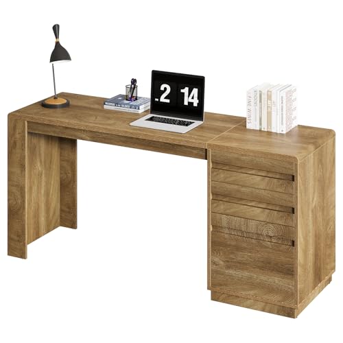 Tribesigns 55-Inch Computer Desk with 3 Drawers, Farmhouse Home Office Desk with Adjustable File Cabinet, Study Table Office Workstation, Walnut Brown