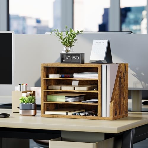 Wooden Mail Organizer, Desk Organizer with 3 Adjustable Shelves - color: Rustic Brown (desktop)