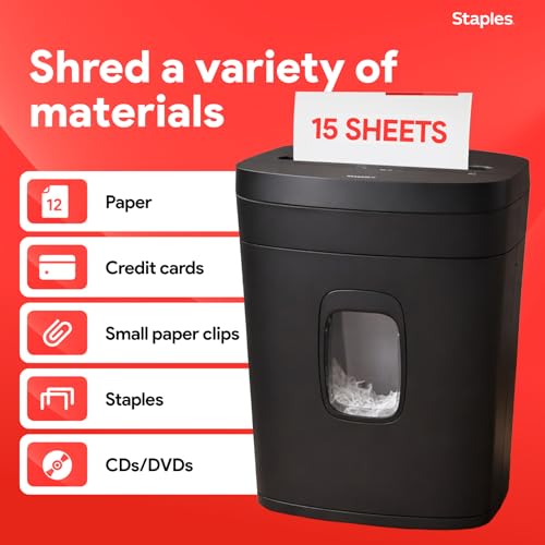Staples 15-Sheet Cross-Cut Paper Shredder, P-4 Security, Black - size: 15 Sheet