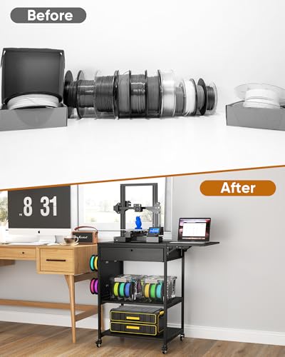 Baoz 4 Tier 3D Printer Stand with Filament Storage & Lockable Wheels(Black) | 3D Printer Table with 1 Drawer, Rolling 3D Printer Cart with 4 Spool Hooks, Sturdy 3D Printer Desk for Studio, Home Office