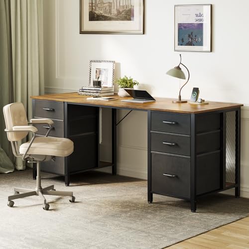 ODK 63 inch Computer Desk with 6 Fabric Drawers, Home Office Desk, Vintage | Office Desk with File Drawers Cabinet with Large Storage for Home, Study, Gaming - color: Vintage