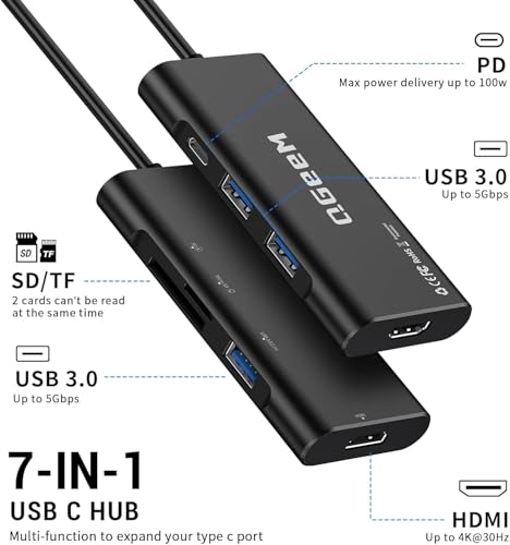 USB C Hub,7in1 Type c to 4K HDMI Multi‑Port Adapter Dongle Dock for Laptop - color: Black