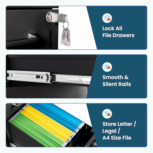 MIIIKO File Cabinet 3 Drawers on Wheels Under Desk, Black Metal File Cabinets with Lock for Home Office, Filing Cabinet with Lock(Un-Assembled) - color: Black, size: 3 Drawer-11.8"W -Mobile