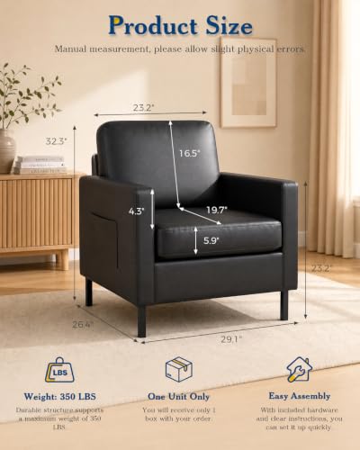 Mid Century Black Leather Mordern Accent Chairs Set of 2 for Living Room | AODAILIHB Cloud Small Sofa With 2 Side Pockets Thick Cushion, Comfy Couch with Metal Leg for Office/Waiting Room/Bedroom/Dorm - size: 2 chairs