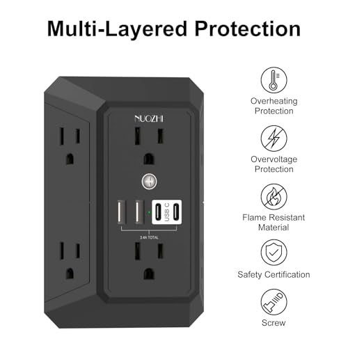 Outlet Extender Surge Protector - NUOZHI 6 Outlet Splitter with 4 USB Ports(2 USB-C), Multi Plug Wall Outlet 1680J Power Strip for Home Office Dorm Room Essentials, ETL, Black - color: Black(Non-Night Light), size: 6 Outlets