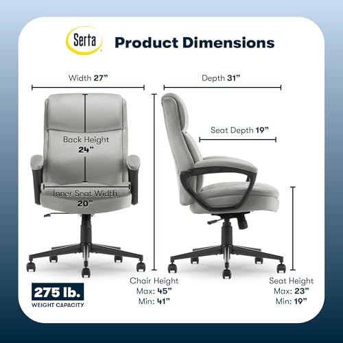 Serta Executive Office Chair with Lumbar Support, Fixed Arms Leather Chair - color: Gray Velvet Fabric