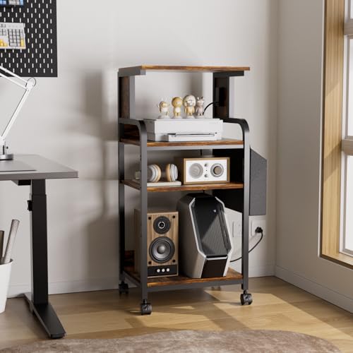 Tall Printer Stand with Charging Station, 4-Tier Mobile Printers Cart - color: Retro Brown, size: 20.9''x15.7''