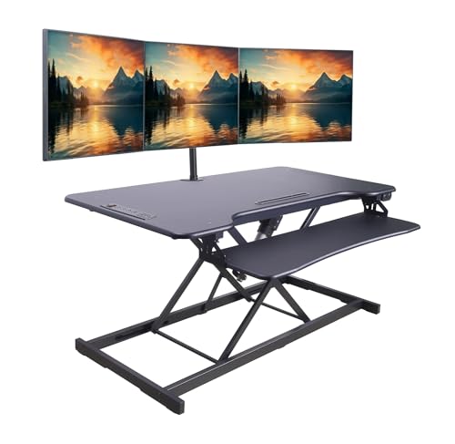 Rocelco 46" Electric Standing Desk Converter with AC Outlet USB Charger - Motorized Height Adjustable Sit Stand Up Triple Monitor Riser - Tabletop Workstation Large Keyboard Tray - Black (R EDRB-46) - color: Black, size: 46", style: Riser Only