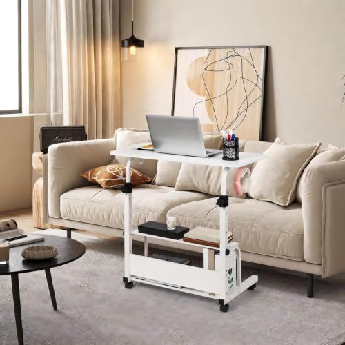 Adjustable Height Mobile Computer Desk,White Table for Home Office Bedroom - color: Modern White