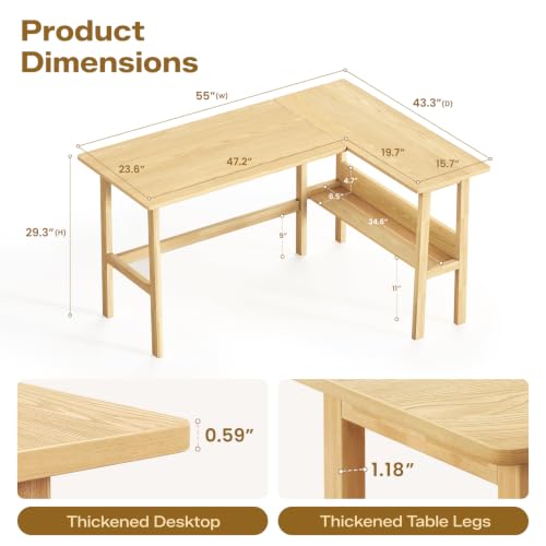 NELYE 55" Reversible L Shaped Desk with Shelf for Home Office, Oak | Fits Corner Spaces, Trapezoid Oak Legs & Reinforced Corners Reduce Wobble, Holds 330 Lbs, Suitable for Working and Studying - color: Oak, size: 55 inches