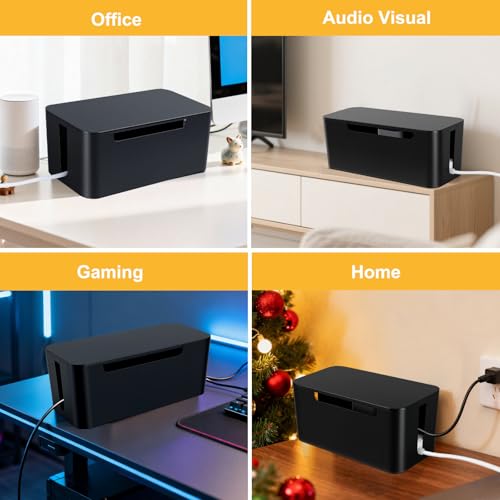 Eichzer Cable Management Box with Lid, Three Entry/Exit Slots, Black | Large Cord Organizer, Plastic Power Strip Cover, Hide Surge Protector on Desk & Floor, for TV Computer Home Router Office