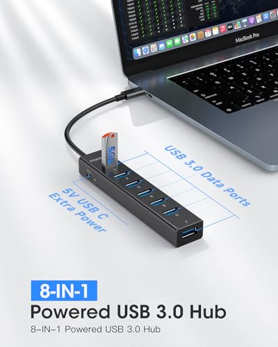 USB C Hub-8 Port USB HUB with 7 USB3.0 Data Ports,Aluminum Alloy USBC Splitter with Type C 5V/3A Power Port Compatible with MacBook, iPad, Surface Pro, XPS, Laptop,PC (Black,USB C-9.8in) - color: 9.84in Black, size: USB C