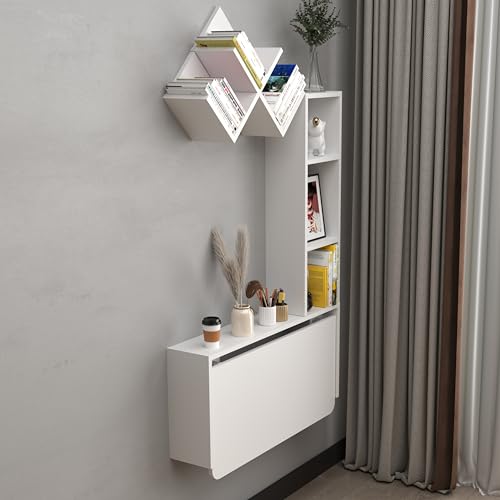 Folding Wall Mounted Drop Leaf Table, Foldable Desk with Moveable Cabinets, Floating Laptop with Convertible Storage Shelves, Multifunctional Computer Workstation in Home for Space Saving - color: White