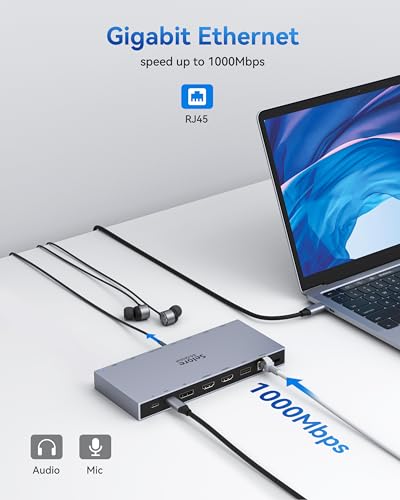 Selore USB C Docking Station 3 Monitors Laptop Hub Dual 4K HDMI +DP | 10Gbps USB-A/C Data Transfer, 100W PD, Ethernet, Audio, SD/microSD Slot,USB-C Dock for Dell XPS/HP/Lenovo - color: Space Gray