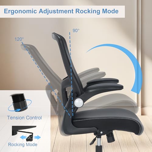 Office Chair PU Leather Cushion, Ergonomic Desk Chair with Flip-Up Arms, 300 LBS Home Office Desk Chairs Adjustable Seat Height & Lumbar Support, Executive Comfy Swivel Task Computer Chair