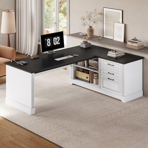 SEDETA Farmhouse 61" Executive L Shaped Desk with Drawers for Home Office - color: White and Black, size: L Shaped Desk