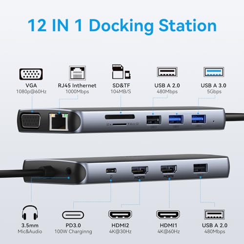 USB C Docking Station Dual Monitor, Dual HDMI Adapter 12 in 1 Triple Display USB C Hub with VGA, Gigabit Ethernet, 100W PD, 4 USB Ports, SD/TF