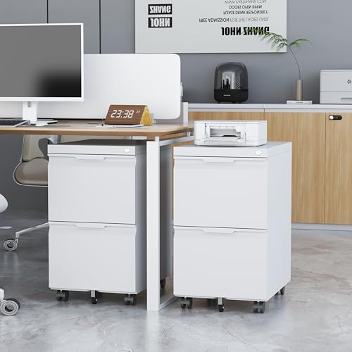 File Cabinet with Lock, 2 Drawer Mobile File Cabinet with Wheels, Metal Vertical File Cabinets for Home Office, Rolling Filing Cabinets Under Desk Storage for Letter/Legal/A4 Files - color: White, size: 17.3"D x 14.6"W x 26.5"H(2 Drawers-Mobile)