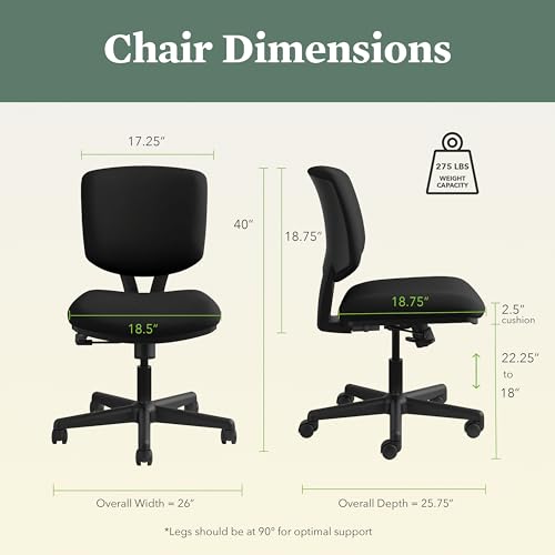 HON Volt Ergonomic Office Chair, Armless, Office Desk Computer Chair, Black - color: Fabric Back