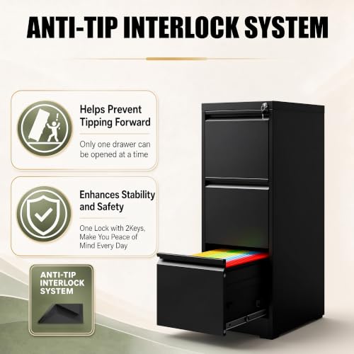 3 Drawer File Cabinet for Home Office, Vertical Filing Cabinet - color: Black, size: 40.4"H - 3 Drawer