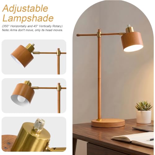 22.2" Mid Century Desk Lamp, Modern Metal Table Lamp with LED Bulb, Adjustable Reading Lamps, Industrial Task Lamp for Home Office, Farmhouse Bedside Lamps with Solid Base, Woodgrain - color: Woodgrain