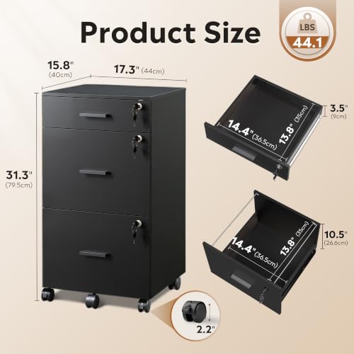 DEVAISE 3 Drawer File Cabinet with Lock & Wheels, Wood Printer Stand, Black - color: Black