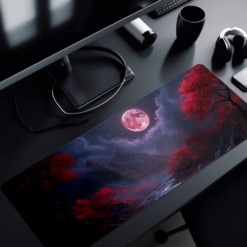 Darkness Red Moon Mouse Pad Abstract Red Mouse Pad 31.5x11.8 Inch Texture Non-Slip Rubber Base Large Mousepad Stitched Edges Keyboard Mouse Mat Desk Pad for Office and Home (Darkness 2) - color: Darkness Red Moon 2