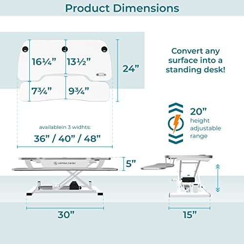 VERSADESK PowerPro Elite 36” x 24" – App Controlled Electric Standing Desk Converter w/USB Charging Port. Raises up to 20”. Fully Assembled – Includes LED Lights. Supports 80 lbs. – White - color: White, size: 36" Wide