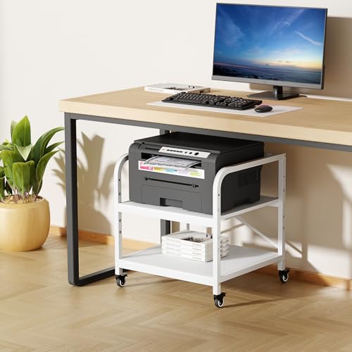 20 Inches Large White Printer Stand, 2-Tier Under Desk Printer Table with Height Adjustable Shelf, Rolling Printer Cart with Industrial Wheels for Home Office (White) - color: White