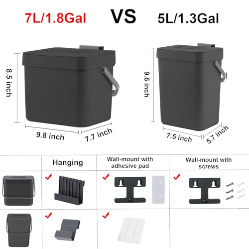 Kitchen Trash Can with Lid, LALASTAR Wall-Mounted Under Sink Small Garbage Can for Kitchen, Bathroom, Compost Bin Countertop, Cabinet Trash Can Hanging, 1.8 Gallon, (Black, 7L) - color: Black