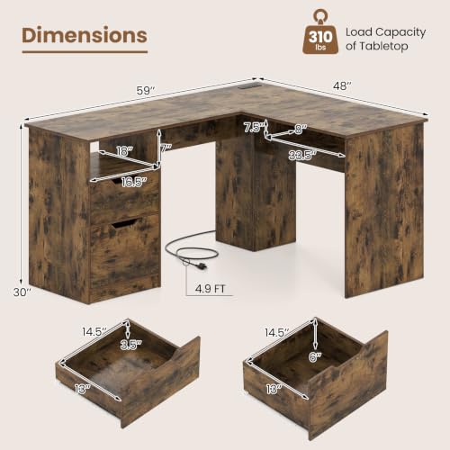 Tangkula 59" L-Shaped Executive Desk w/Power Outlets (Rustic Brown) - color: Rustic Brown