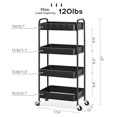 TOOLF 4 Tier Metal Rolling Cart, Utility Storage Cart with Wheels, Black | Screwless Assembly, Lockable Metal Wheels, Trolley Organizer for Bathroom, Kitchen, Office, Dorm, Laundry, Craft Room - color: Black, size: 4-Tier