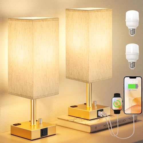 Gold Bedside Table Lamps Set of 2 - Dimmable, USB C+A, 2 AC Outlets | Stepless Dimmable by Rotary Knob, 3000K LED Bulbs Included, Square Cream Linen Shade, Nightstand Lamp for Living Room, Desk - color: Gold
