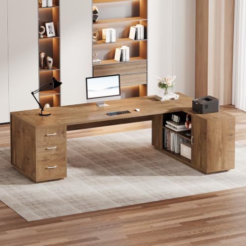 Tribesigns 85.8-Inch L-Shaped Executive Desk, Extra Large Home Office Desk - color: Natural Oak