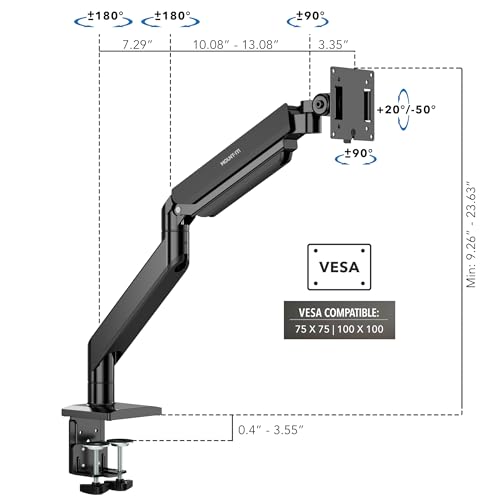 Mount-It! Heavy Duty Monitor Arm, 49-57" Ultrawide, 55 lbs | Full motion gas spring arm, tilt swivel rotate, VESA 75 & 100, fits Samsung Odyssey G9.