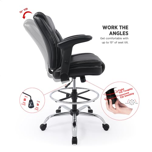 Ergonomic Mid-Back Premium Faux Leather Adjustable Drafting Chair with Multi-Function Arms and Foot Ring, Standing-Desk Matched Tall Swivel Computer Office Stool, Black