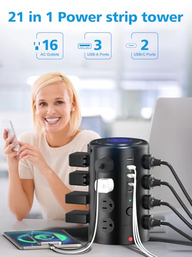 Power Strip Tower Surge Protector with 16 Outlets and 5 USB Ports (2 USB-C), 20FT Extension Cord with Multiple Outlets,Heavy Duty Charging Station,Home Office Dorm Room Essentials.No Wireless Charging - color: Black, size: 20FT without wireless charging